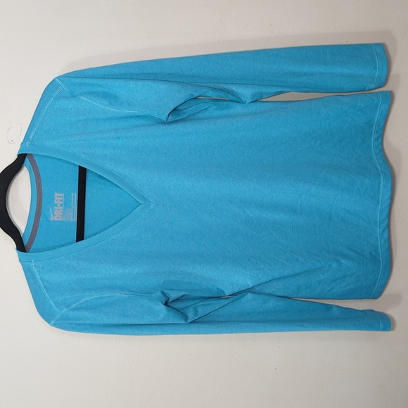Nike Dri-Fit Blue Long Sleeve V-Neck Logo Tee Regular Fit Women's Size Medium - Picture 1 of 4